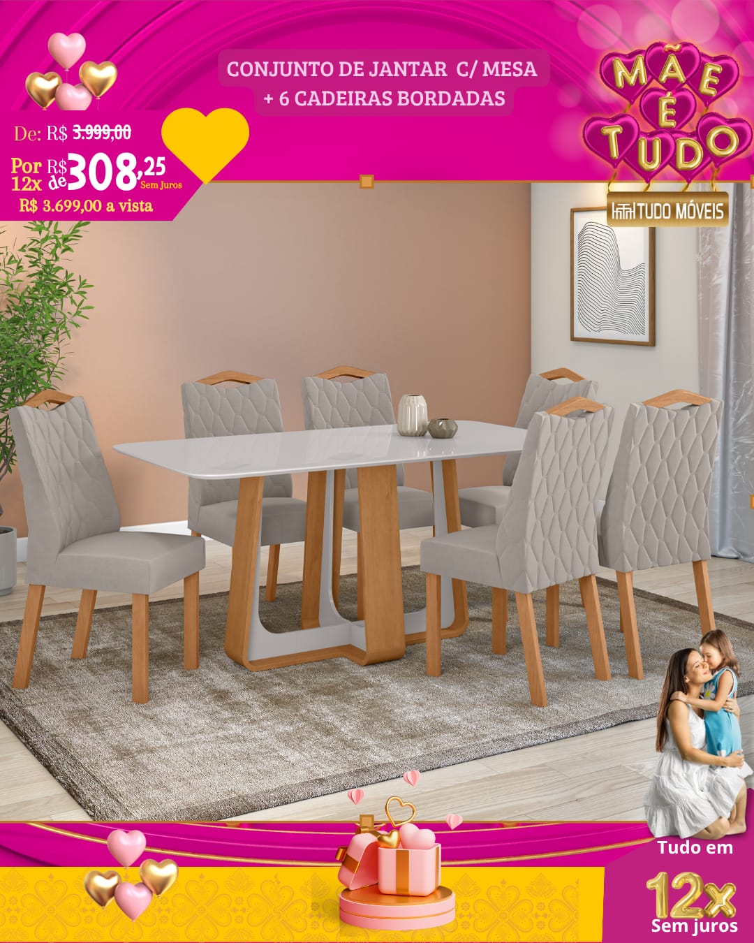 CONJUNTO DE JANTAR – MESA + 6 CADEIRAS BORDADAS