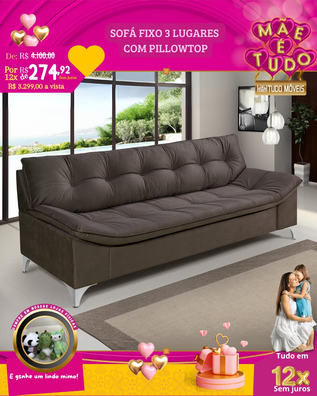 SOFÁ FIXO 3 LUGARES COM PILLOWTOP - Imagem 2