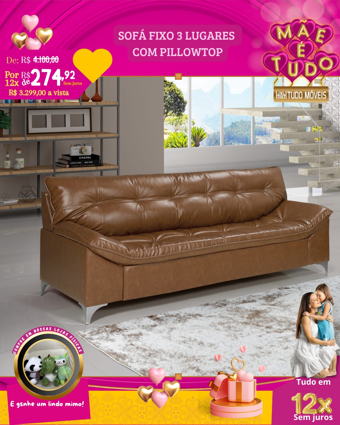 SOFÁ FIXO 3 LUGARES COM PILLOWTOP - Imagem 3