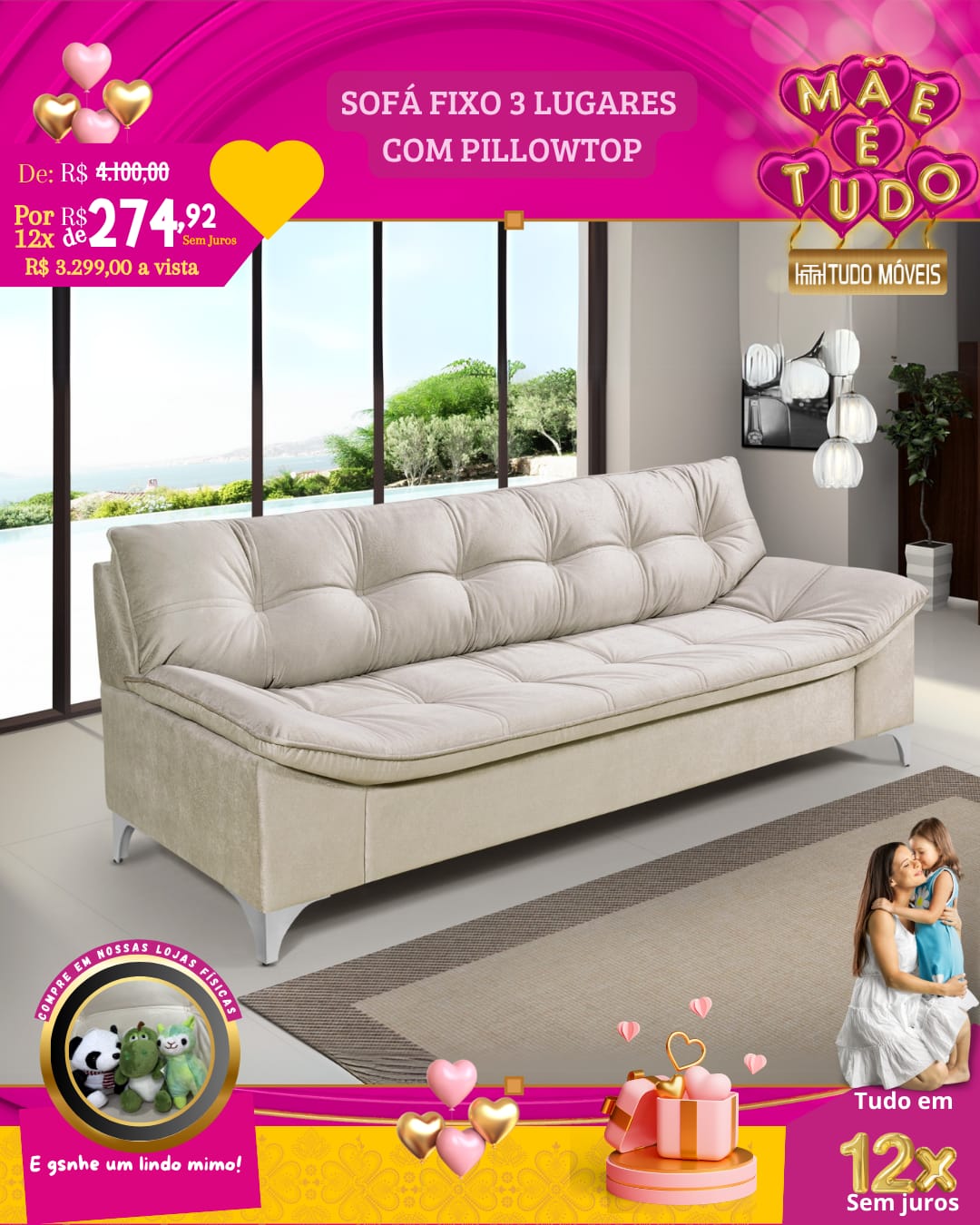 SOFÁ FIXO 3 LUGARES COM PILLOWTOP