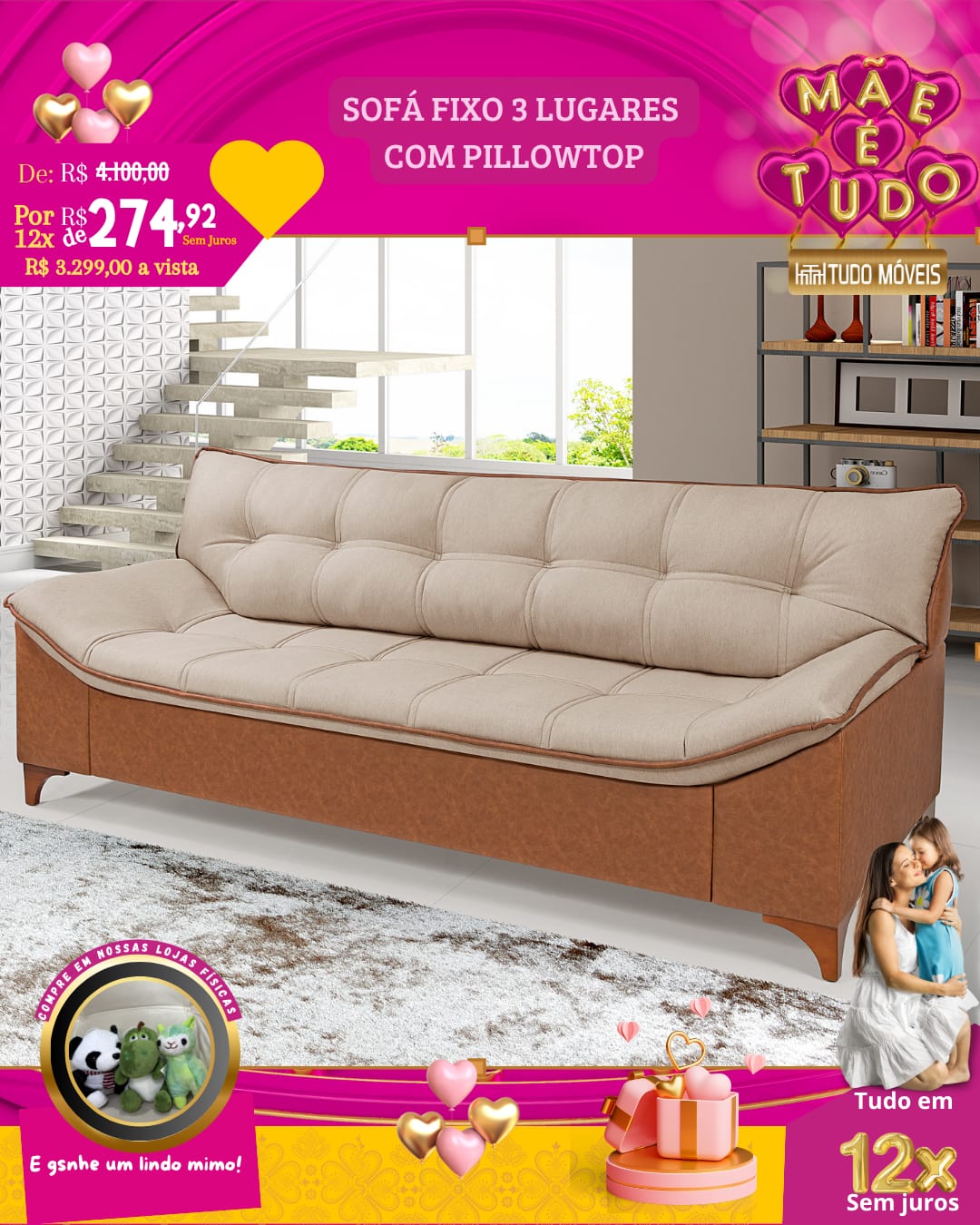 SOFÁ FIXO 3 LUGARES COM PILLOWTOP - Imagem 5