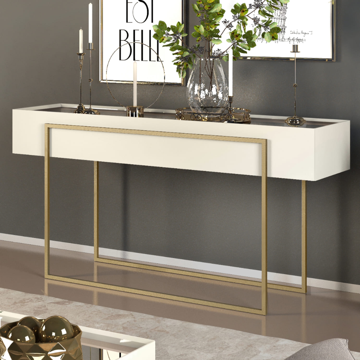 APARADOR REQUINTADO 100% MDF COM PÉS EM AÇO DOURADO