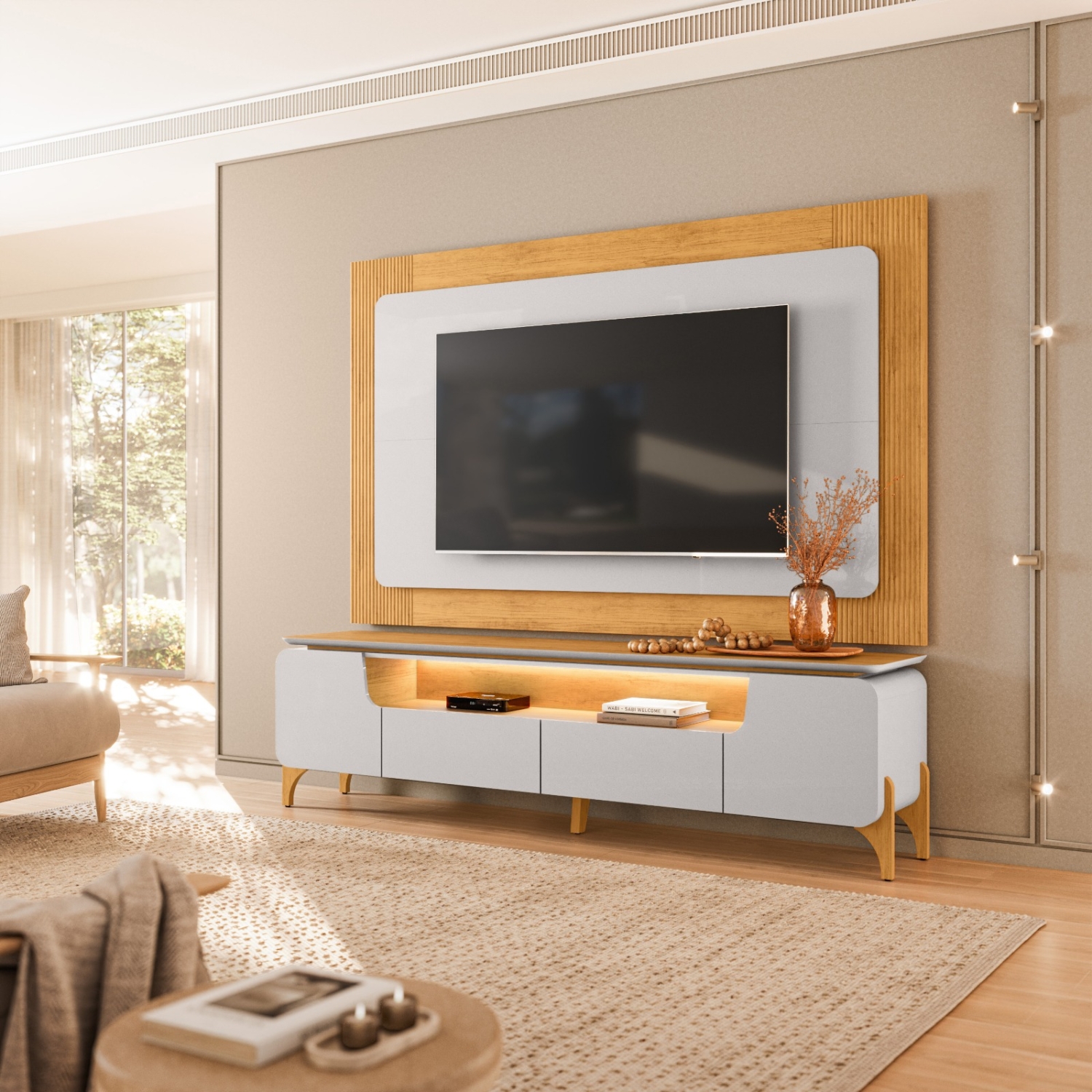 BANCADA COM PAINEL 100% MDF COM LED E PÉS EM MADEIRA MACIÇA - Imagem 3