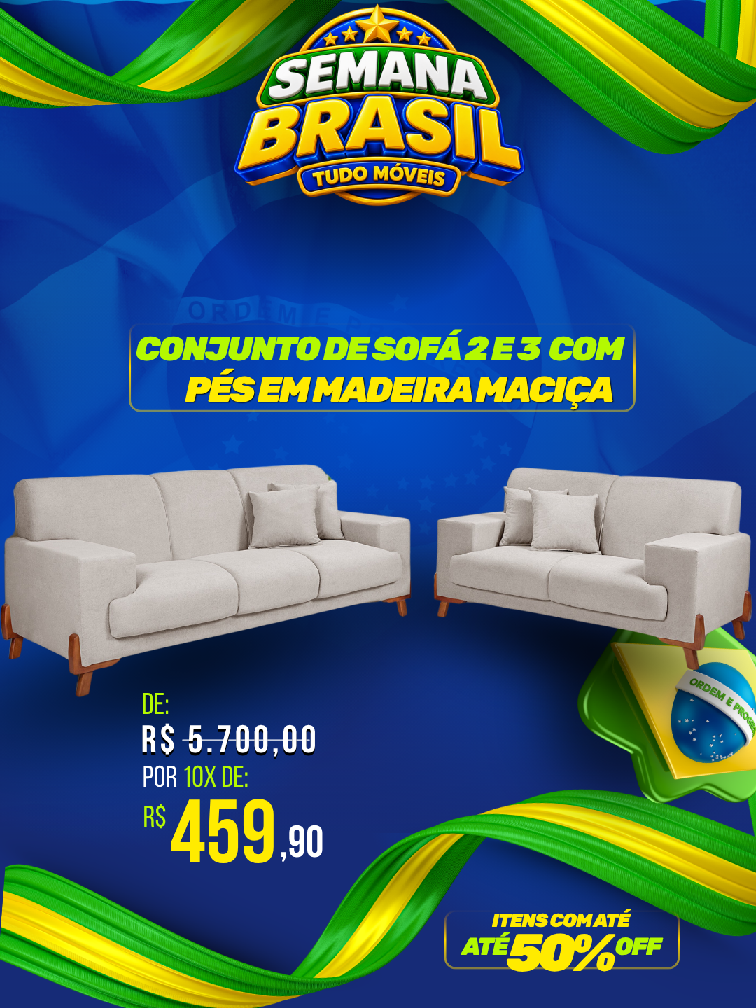 CONJUNTO DE SOFÁ 2 E 3 COM PÉS EM MADEIRA MACIÇA