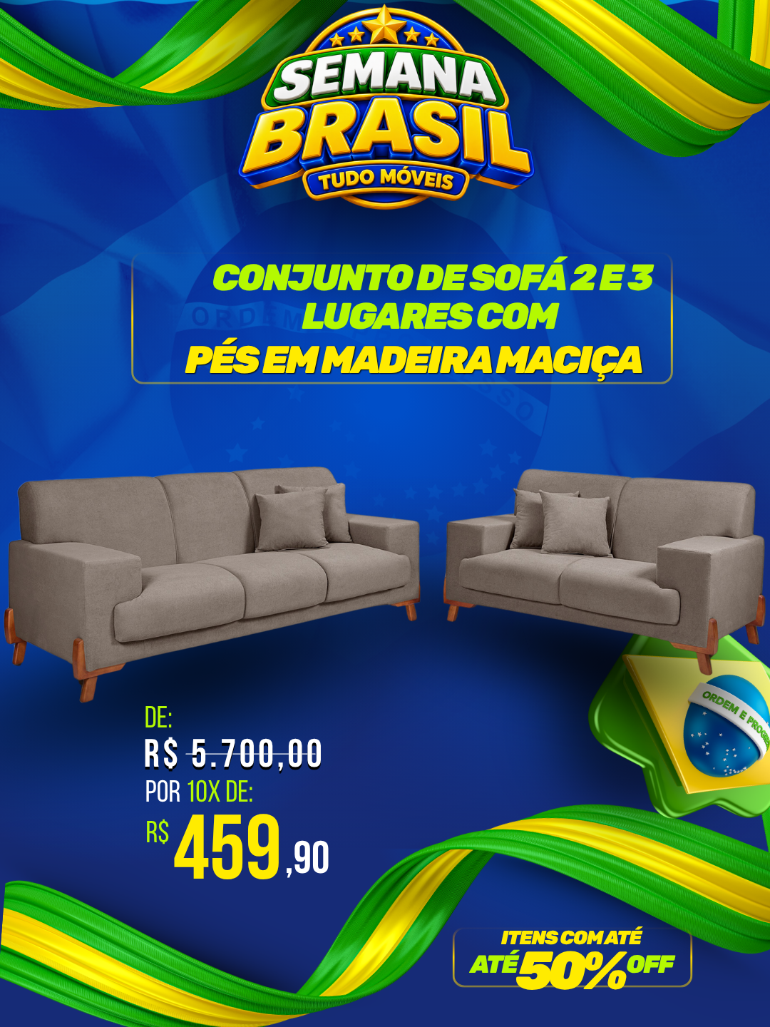 CONJUNTO DE SOFÁ 2 E 3 COM PÉS EM MADEIRA MACIÇA - Imagem 2