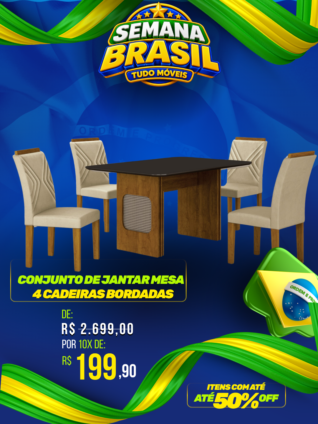 CONJUNTO DE JANTAR MESA 4 CADEIRAS BORDADAS