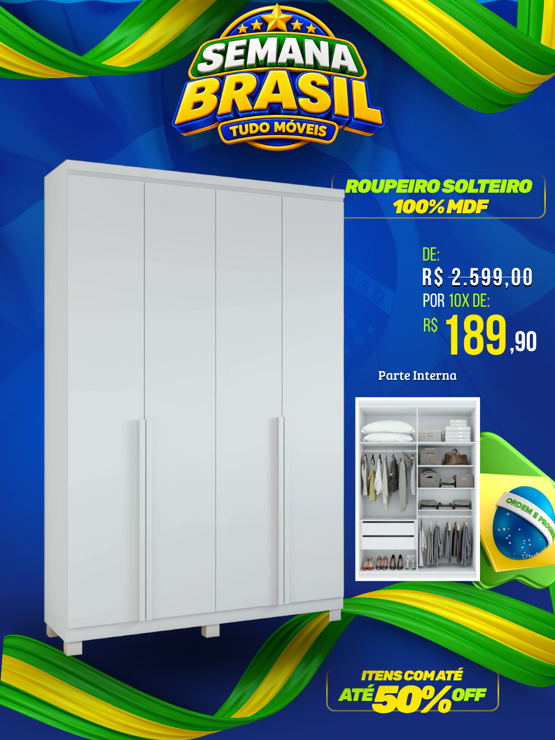 Roupeiro Solteiro 100% MDF