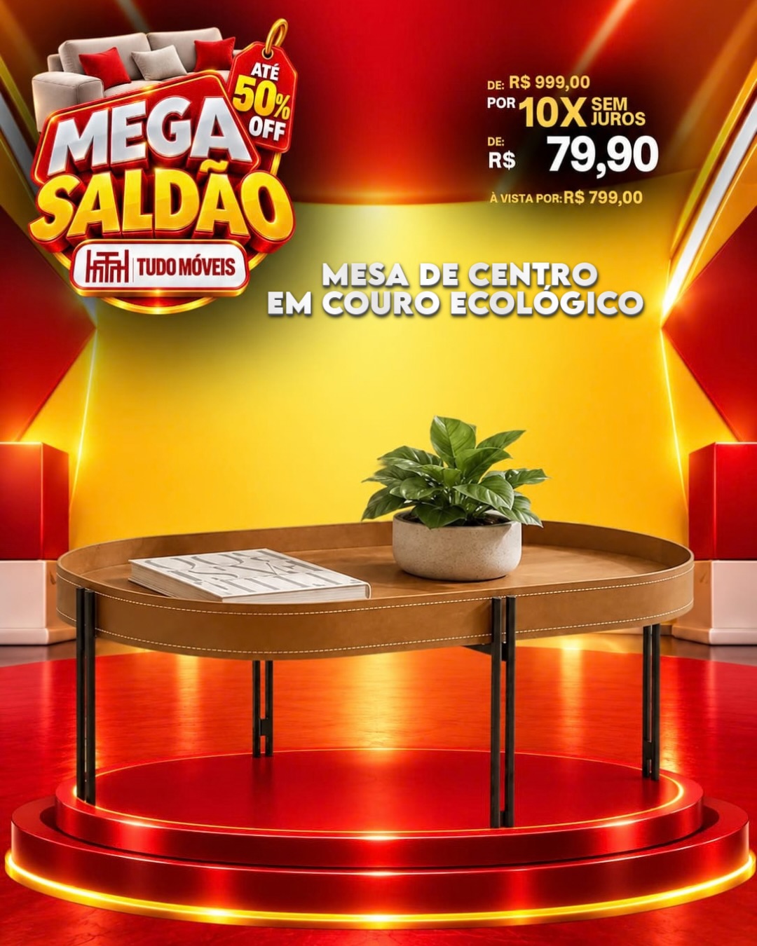 Mesa de Centro em Couro Ecológico 10x de R$79,90 sem juros