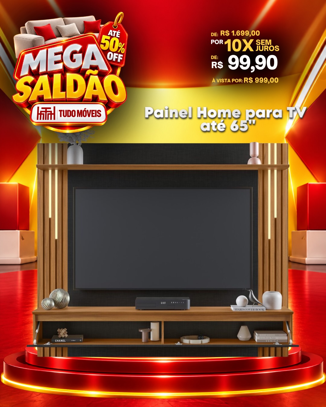 Painel Home para TV até 65″ Ripado 1 Porta 10x de R$99,90 sem juros