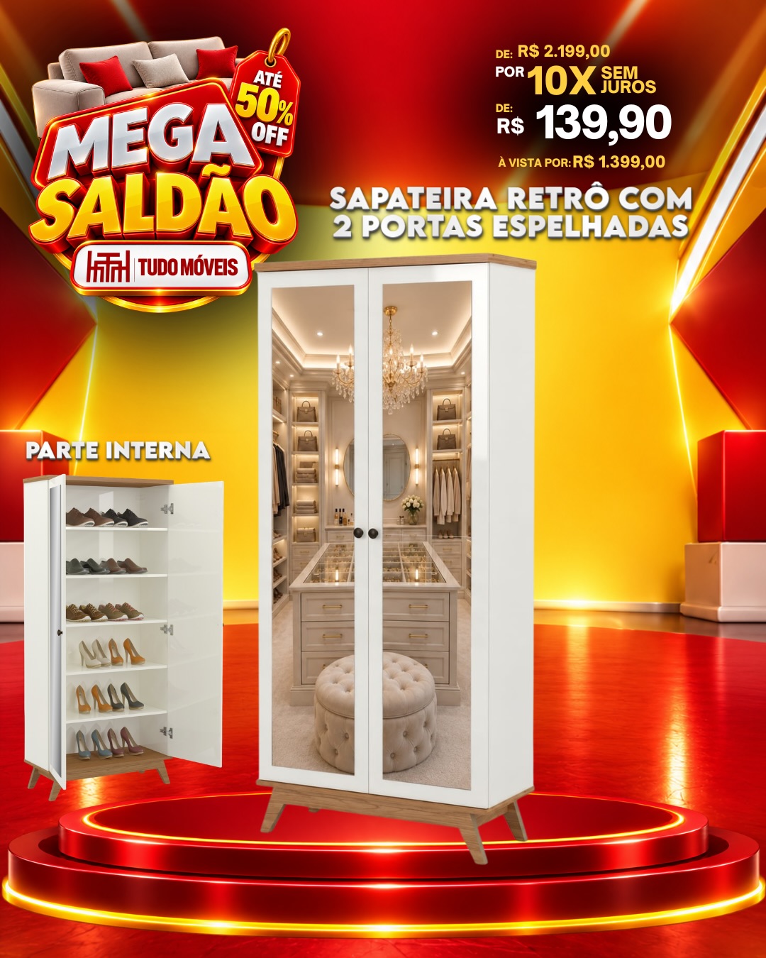 Sapateira Retrô com 2 Portas Espelhadas 10x de R$ 139,90 sem juros