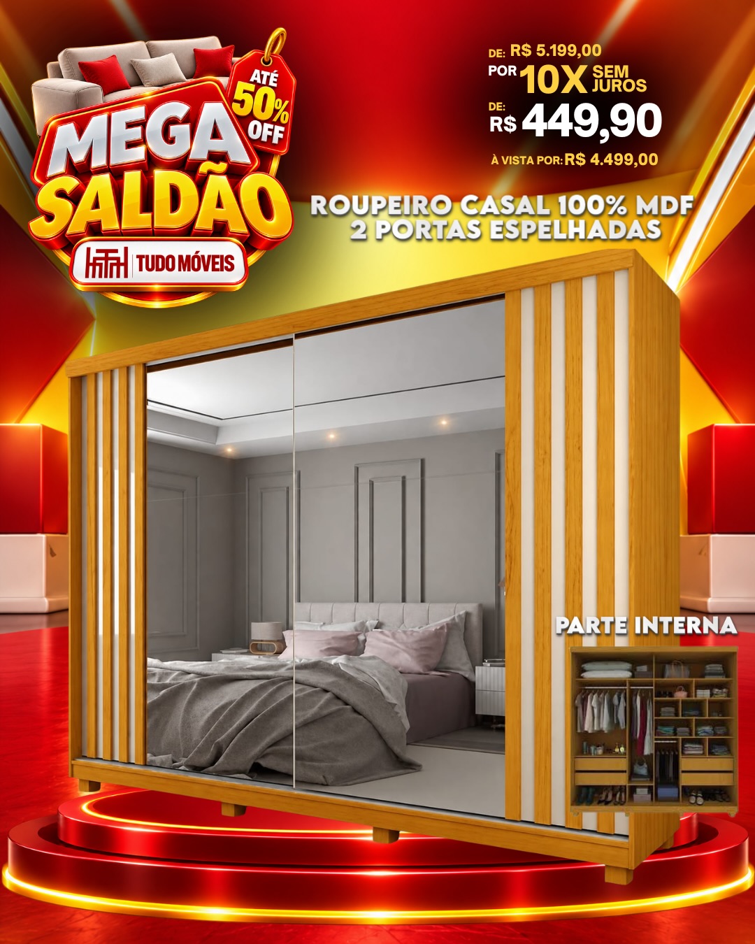 Roupeiro Casal 100% MDF 2 Portas Espelhadas Por apenas 10x de R$ 449,90 sem juros