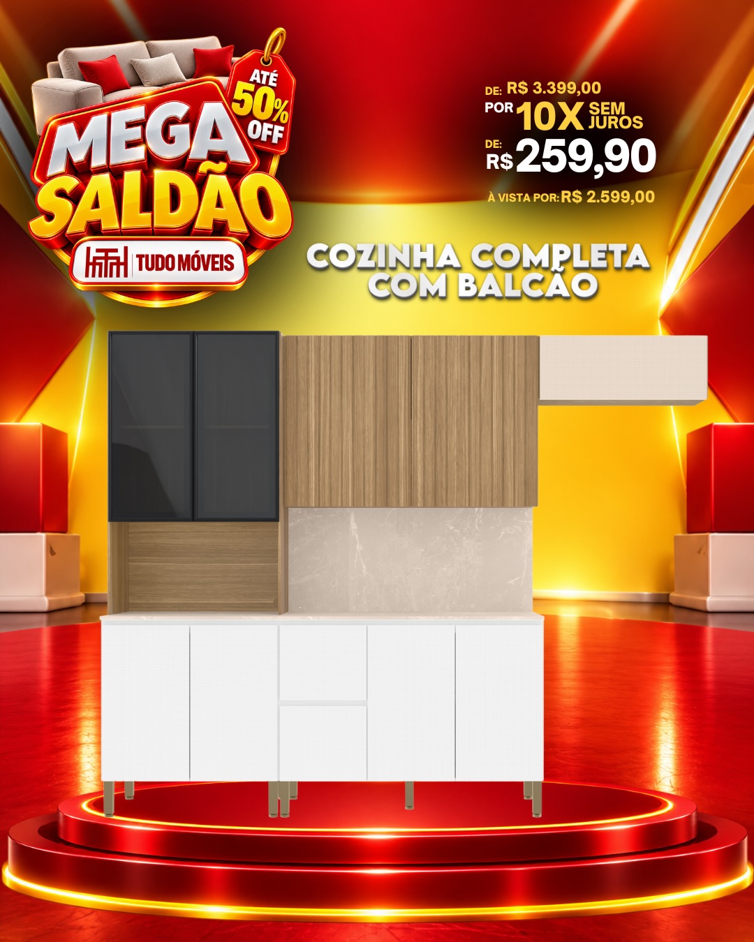 COZINHA COMPLETA COM BALCÃO — 9 PORTAS E 2 GAVETAS 10x de R$ 259,90 sem juros