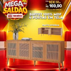 Buffet 100% MDF com Portas em Telas + 1 Gaveta + Pés em Madeira 10x de R$169,90 sem juros