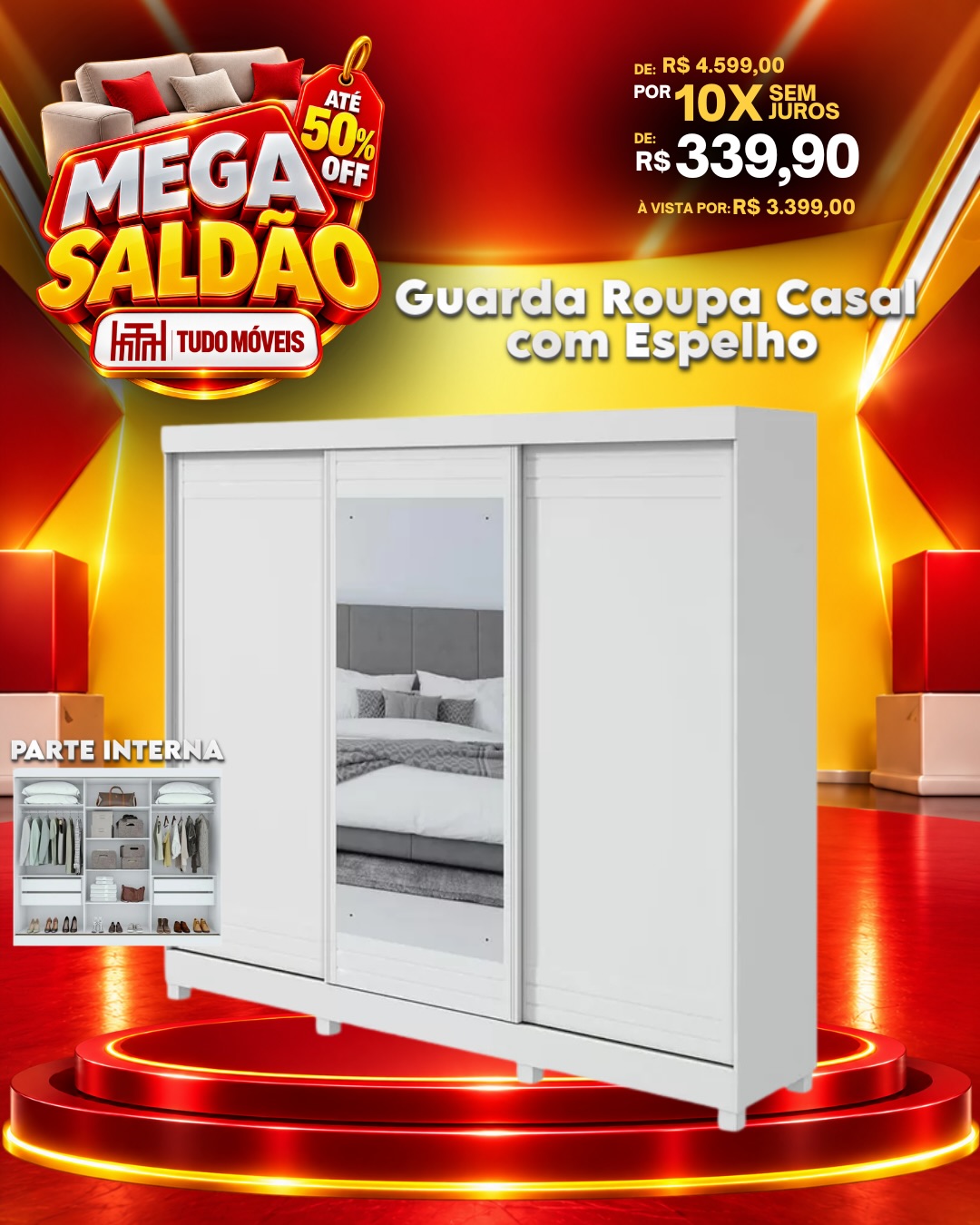 Guarda Roupa Casal com Espelho 3 Portas. 10x de R$339,90 sem juros